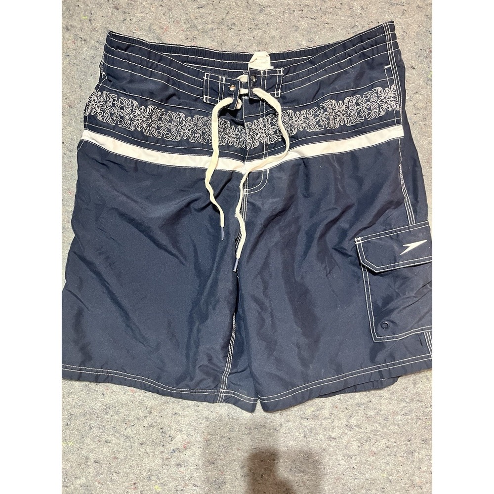 Speedo Navy Blue Embroidered Board Shorts Surf Swim Trunks - Size Large